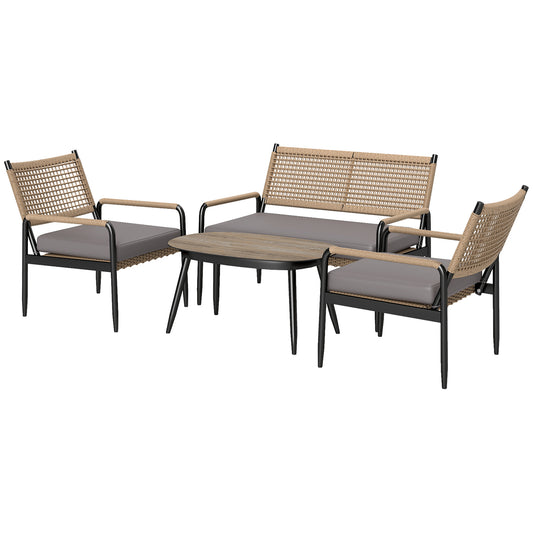 Outsunny havemøbel sæt af polyrotan loungesæt med 2-personers sofa, lænestol, glasbord, puder til 4 personer, mørkegrå + gul