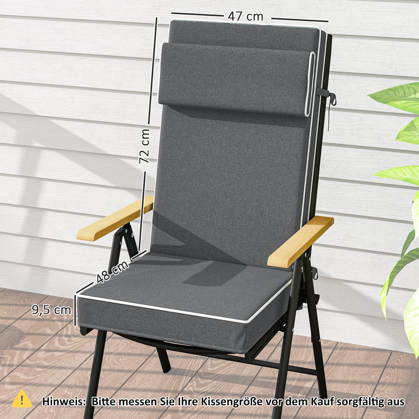 Outsunny Sædekudde 120 x 47 x 9,5 cm Vandafvisende Stolskudde med Sløjfer, Hovedstøtte, UPF50+ Mørkegrå