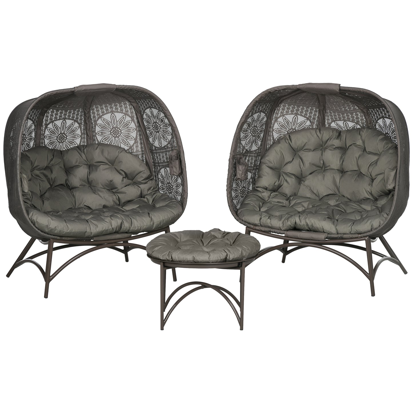 Outsunny havemøbel sæt, 2 rattan lænestole med sidebord, sammenfoldelig, siddepuder, metalramme, farve: sand