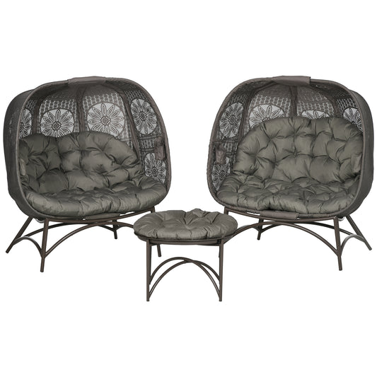 Outsunny havemøbel sæt, 2 rattan lænestole med sidebord, sammenfoldelig, siddepuder, metalramme, farve: sand