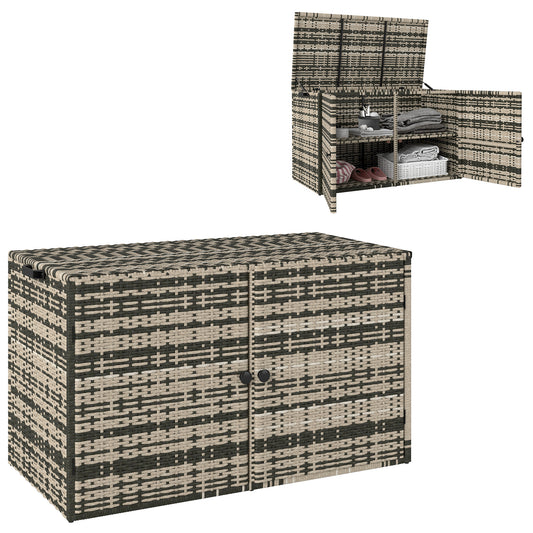 Outsunny Rattan Storage Box 350L 2-Tier Cushion Box with Lid, Lifting Rods, Handles, 118 x 57 x 69 cm, Mixed Gray