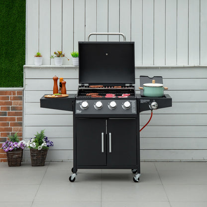 Outsunny gasgrill med 3 brændere, 3 kW hver, mobil grillvogn med 4 hjul, grillrist, sideborde, trykregulator, slanger, skab, multifunktionel, metal, sort, 132,4 cm x 55 cm x 109 cm