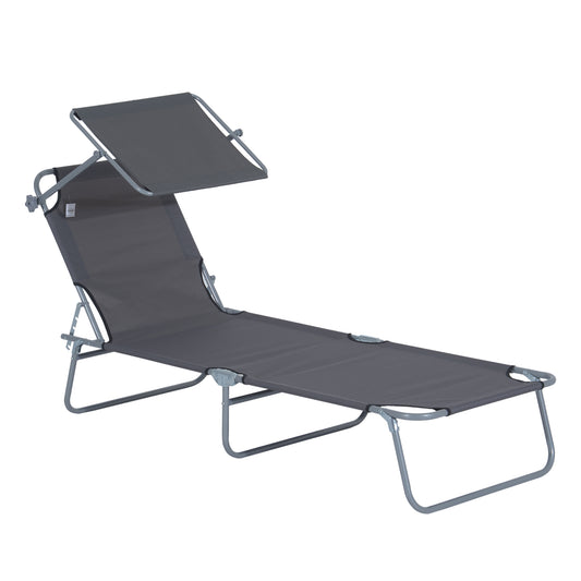 Outsunny Sammenklappelig liggestol, Have-liggestol med solskærm, Wellness-liggestol med 4-trins justerbar ryg, Strand-liggestol, Bærer op til 120 kg, Egnet til have, balkon og pool, 6 farver (grå)
