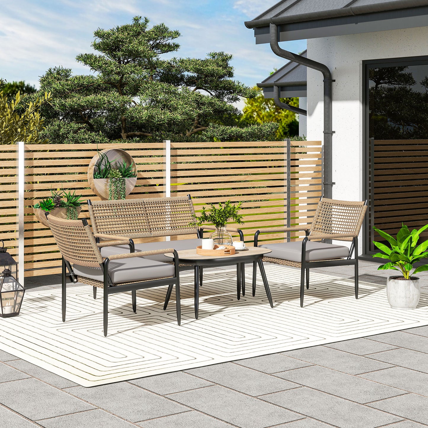 Outsunny havemøbel sæt af polyrotan loungesæt med 2-personers sofa, lænestol, glasbord, puder til 4 personer, mørkegrå + gul