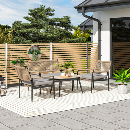 Outsunny havemøbel sæt af polyrotan loungesæt med 2-personers sofa, lænestol, glasbord, puder til 4 personer, mørkegrå + gul