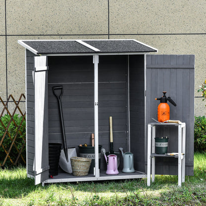 Outsunny Havestue/Værktøjsskur med 2 døre, værktøjsskabe med asfalt tag, anti-dump design med jordspyd, fyrretræ, grå+hvid, 139 x 75 x 160 cm
