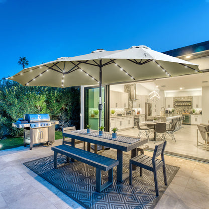 Outsunny Parasol med LED Sol 4,5m Dobbelt Parasol Haveparasol Markedsparasol Patio Parasol Oval Lysgrå+Sort