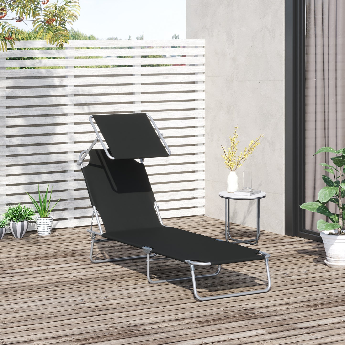 Outsunny Sammenklappelig liggestol, Have-liggestol med solskærm, Liggestol med 4-trins justerbar ryg, Camping-liggestol, Belastbar op til 120 kg, Egnet til have, balkon og pool, 6 farver (sort)