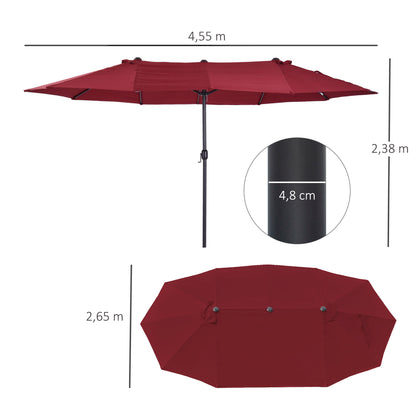 Outsunny Dobbelt Parasol 455 x 270 cm Haveparasol med Håndsving, Oval, Robust, Metalstang, Markedsparasol, Dobbelt Parasol, Terrasparasol, Solafskærmning til Strand, Balkon, Terrasse, Have, Vinsort