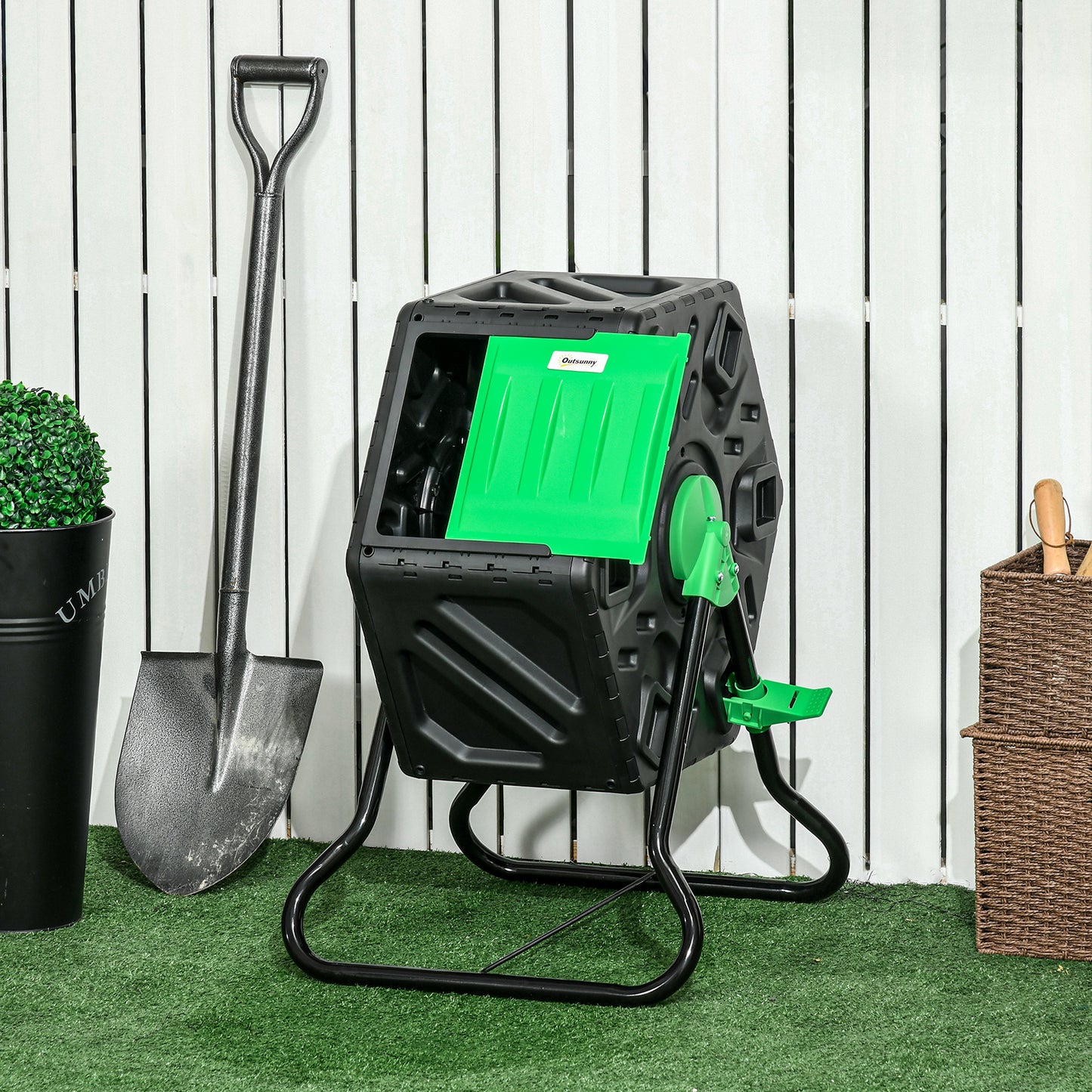 Outsunny kompostbeholder, 65 liter, roterbar, kompakt, 24 ventilationshuller, stål, plast, grøn + sort