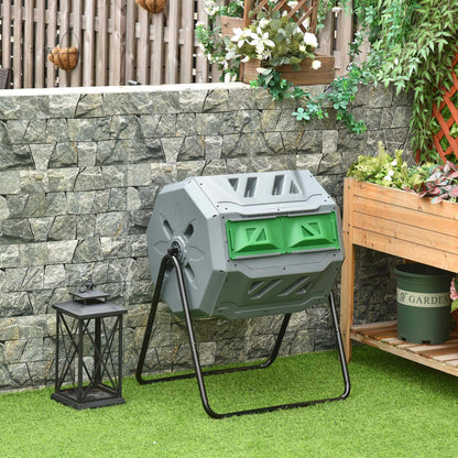 Outsunny kompostbeholder med 2 rum, kapacitet 160 liter, roterbar, 71 cm x 65 cm x 96 cm, grå + grøn + sort