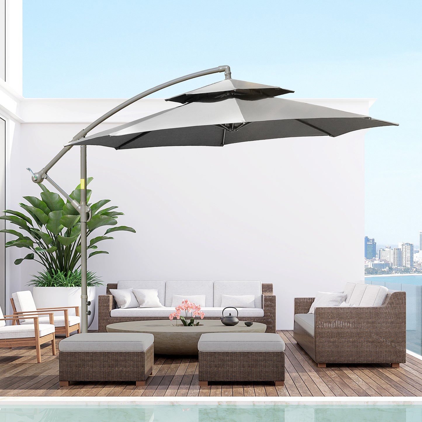 Outsunny Parasol Svingparasol Ø2,67 x 2,45 m Svingparasol med dobbelt top Krydsfod Stål Udendørs solafskærmning Polyester Stål Lysgrå