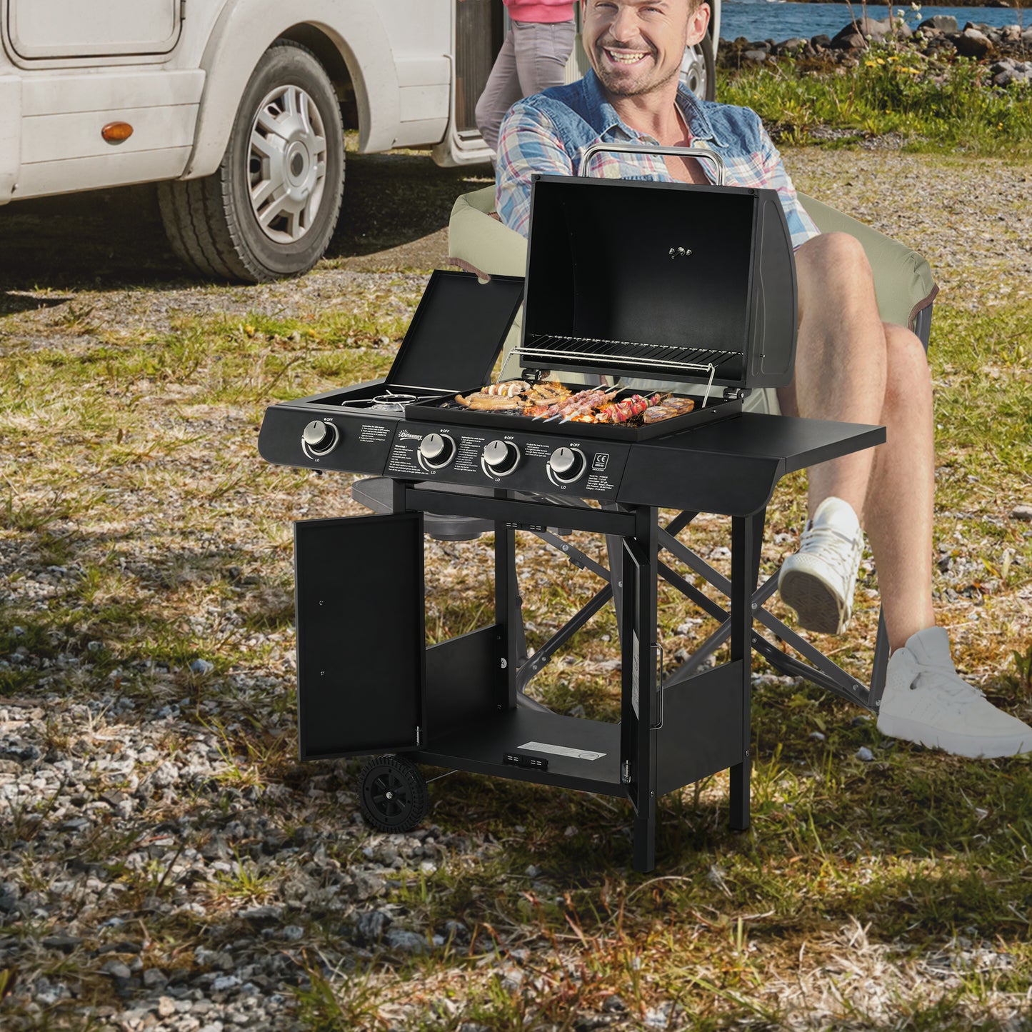 Outsunny gasgrill med 3 hovedbrændere + 1 sidelæser, opbevaringshylde, rustfrit stål, sort, 110 x 50 x 100 cm