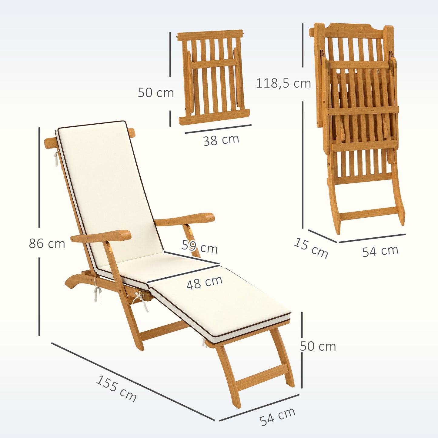 Outsunny Træ Foldbar Liggestol, Have-liggestol med Fodstøtte, Madras, Liggestol, Bæreevne op til 160 kg, Teak