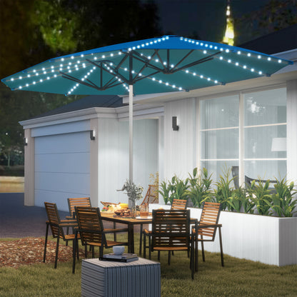Outsunny Dobbelt Parasoll med Solarlamper, Aluminium, Polyester, UPF50+ Beskyttelse, UV-bestandig, Terrasparasoll, Blå