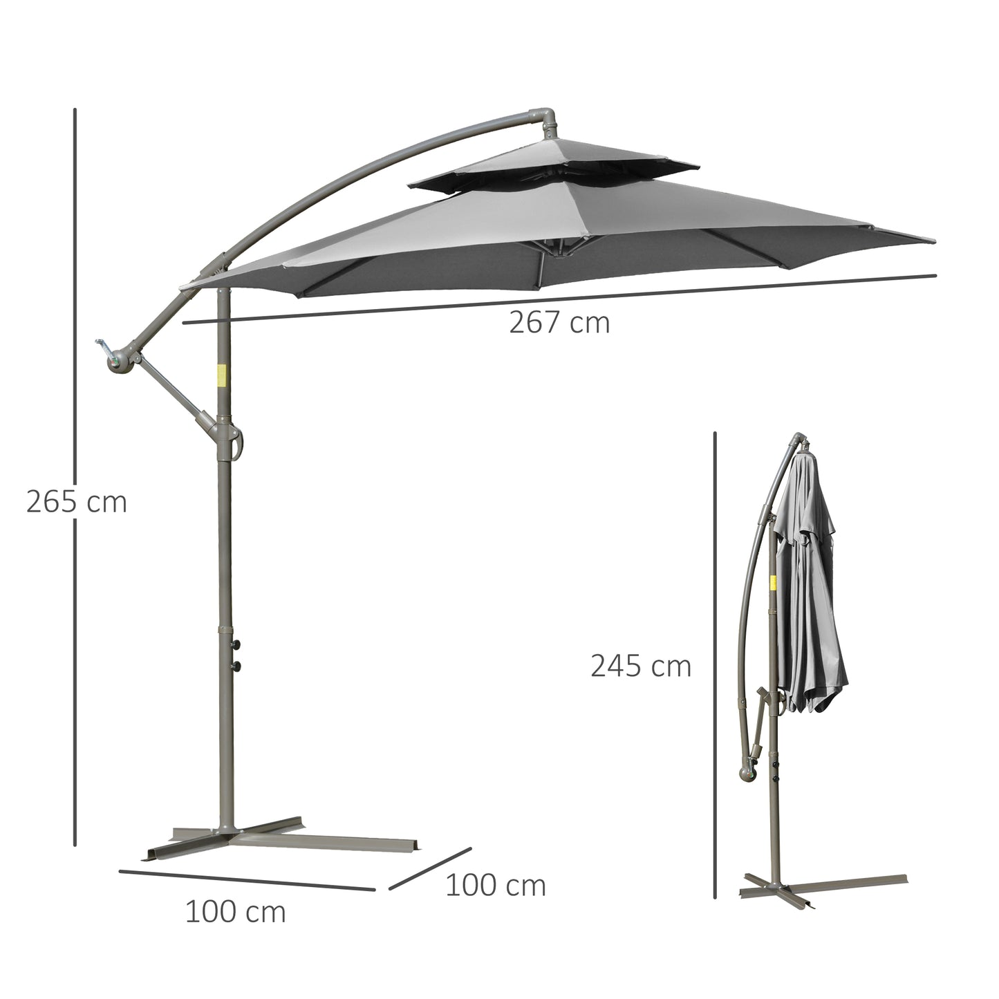 Outsunny Parasol Svingparasol Ø2,67 x 2,45 m Svingparasol med dobbelt top Krydsfod Stål Udendørs solafskærmning Polyester Stål Lysgrå