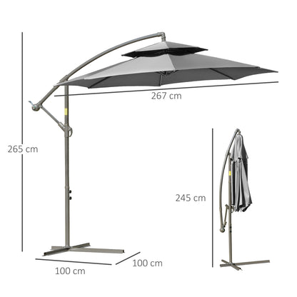 Outsunny Parasol Svingparasol Ø2,67 x 2,45 m Svingparasol med dobbelt top Krydsfod Stål Udendørs solafskærmning Polyester Stål Lysgrå