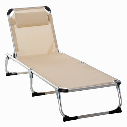 Outsunny Sammenklappelig liggestol, Have liggestol med hovedstøtte, Ergonomisk afslapningsstol med 4-trins justerbar ryg, Aluminium, Bæreevne op til 120 kg, til have, terrasse, pool, strand, Beige