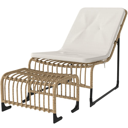 Outsunny rotan relaxstol med fodskammel, UV-bestandig havestol med puder og bånd, 65 x 93 x 80 cm, naturligt træ