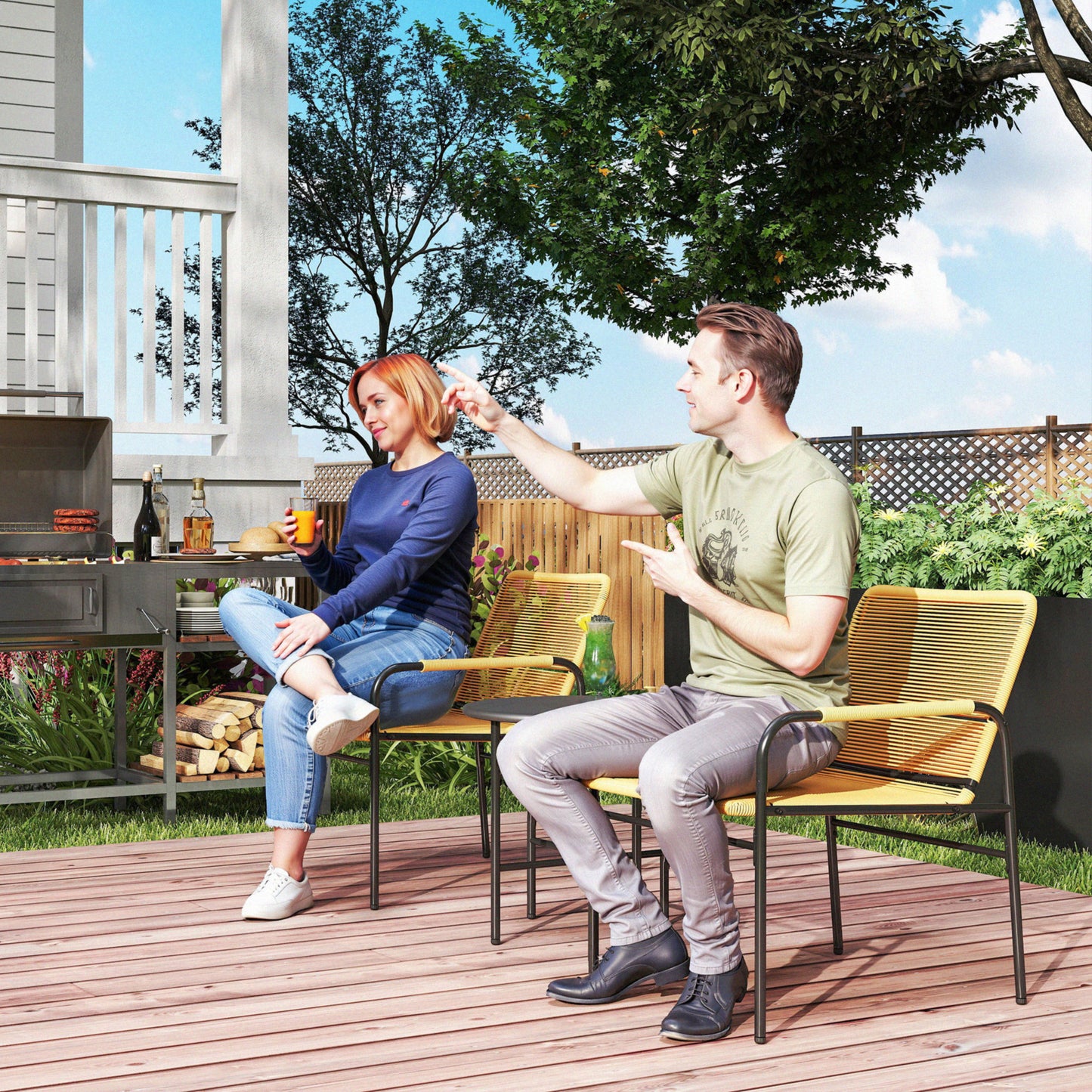 Outsunny 3-delt Rattan Bistro Sæt, Siddegruppe, Havemøbel Sæt med 2 Havestole, Sofabord 54 x 66 x 76 cm Gul