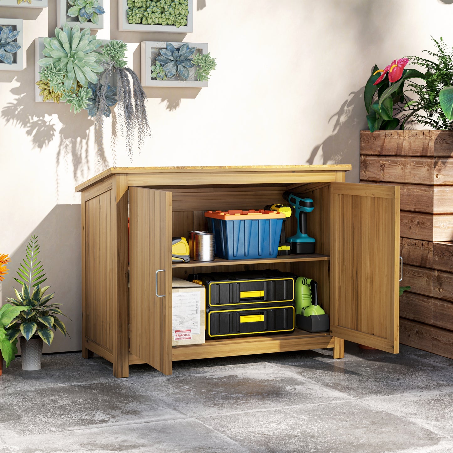 Outsunny havekasse, træskuffeskab med 2 hylder til have, terrasse, vejrbestandig, 110 x 50 x 85 cm, brun