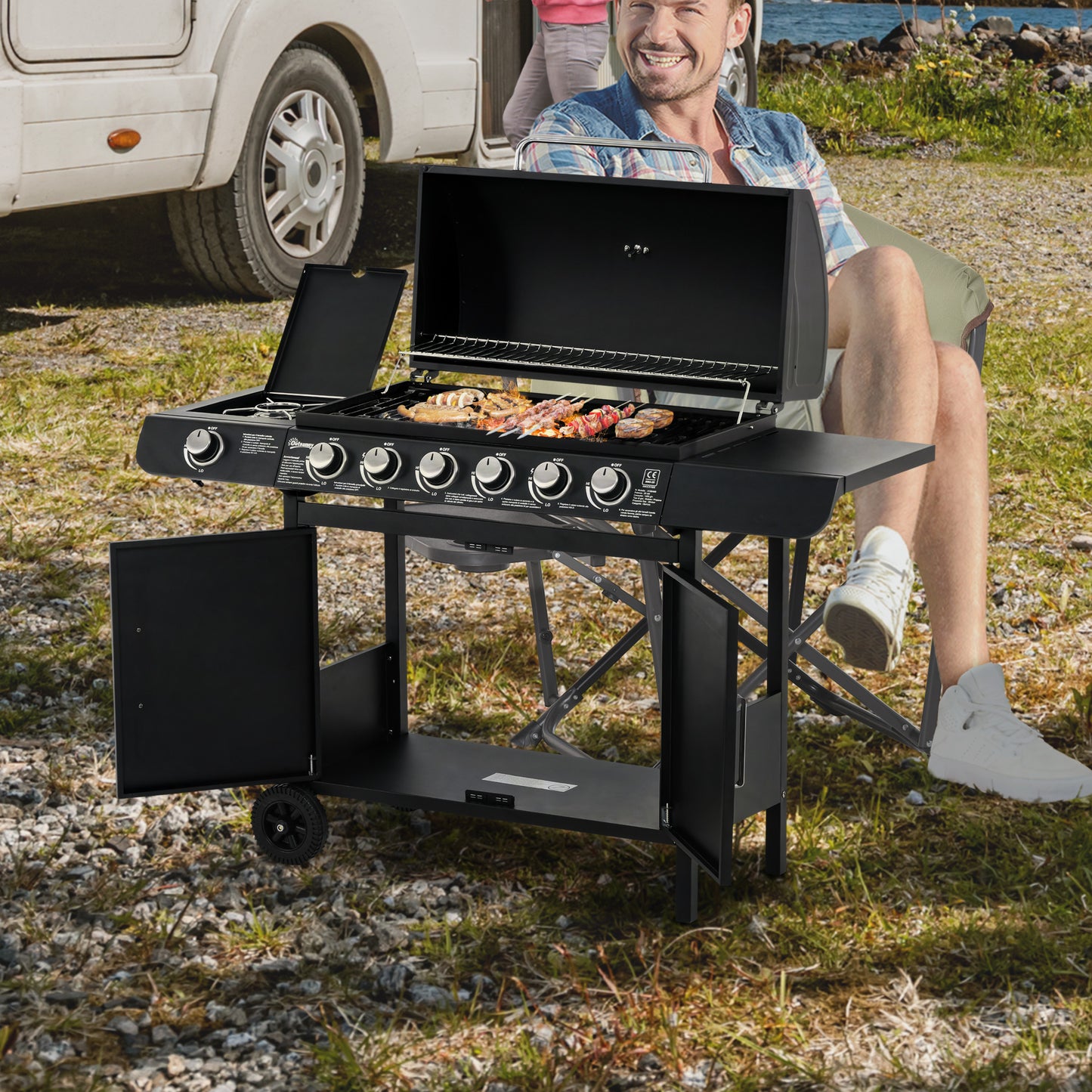Outsunny 7-brænder gasgrill, inklusive thermometer, BBQ-grill, bærbar grill, sort