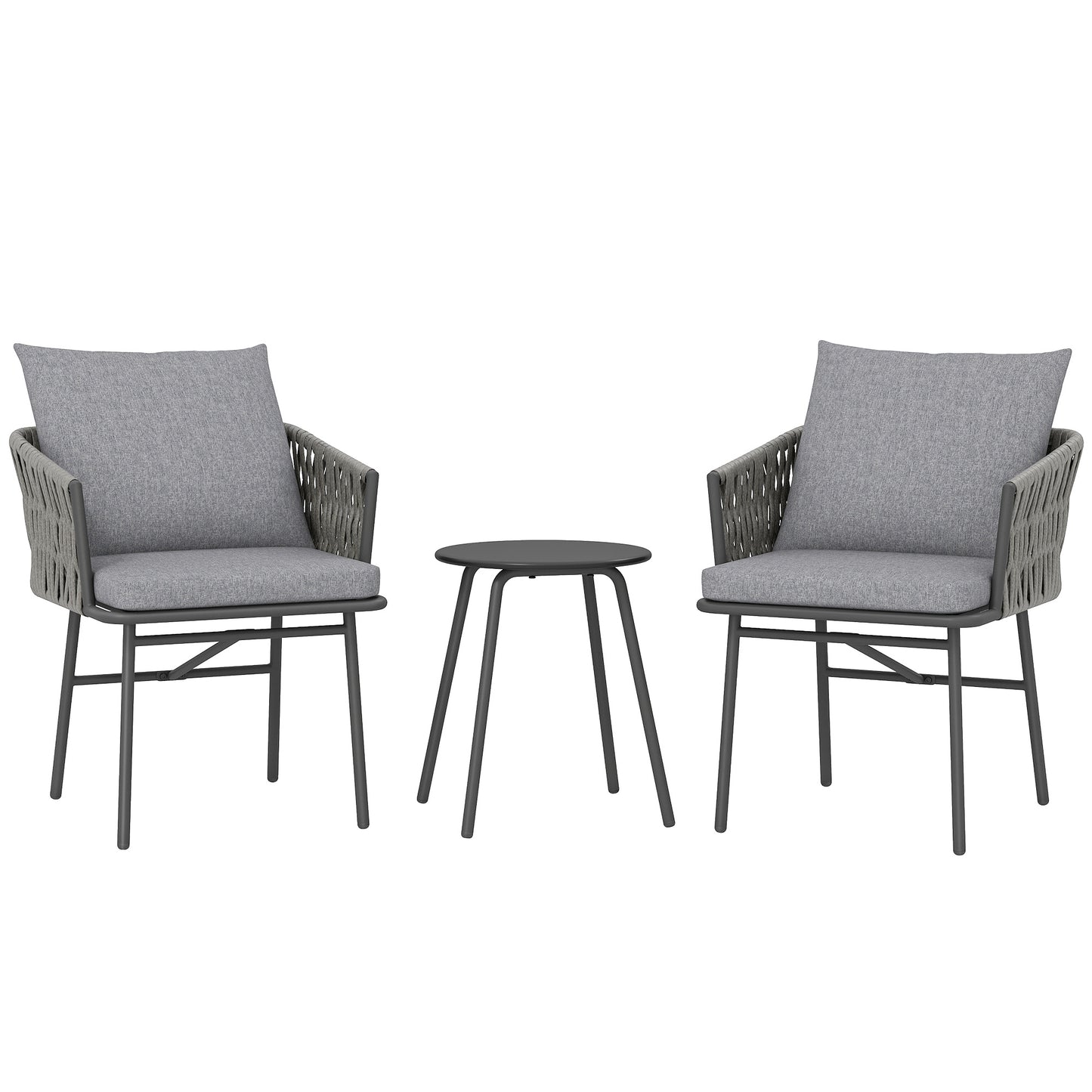 Outsunny 3-delt havemøbel sæt, 2 stole, 1 bord, bistro sæt, kunstrotan, stålramme, metalbord, 4 puder, grå