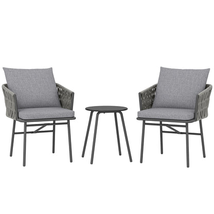 Outsunny 3-delt havemøbel sæt, 2 stole, 1 bord, bistro sæt, kunstrotan, stålramme, metalbord, 4 puder, grå