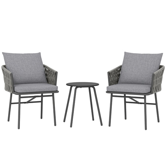 Outsunny 3-delt havemøbel sæt, 2 stole, 1 bord, bistro sæt, kunstrotan, stålramme, metalbord, 4 puder, grå