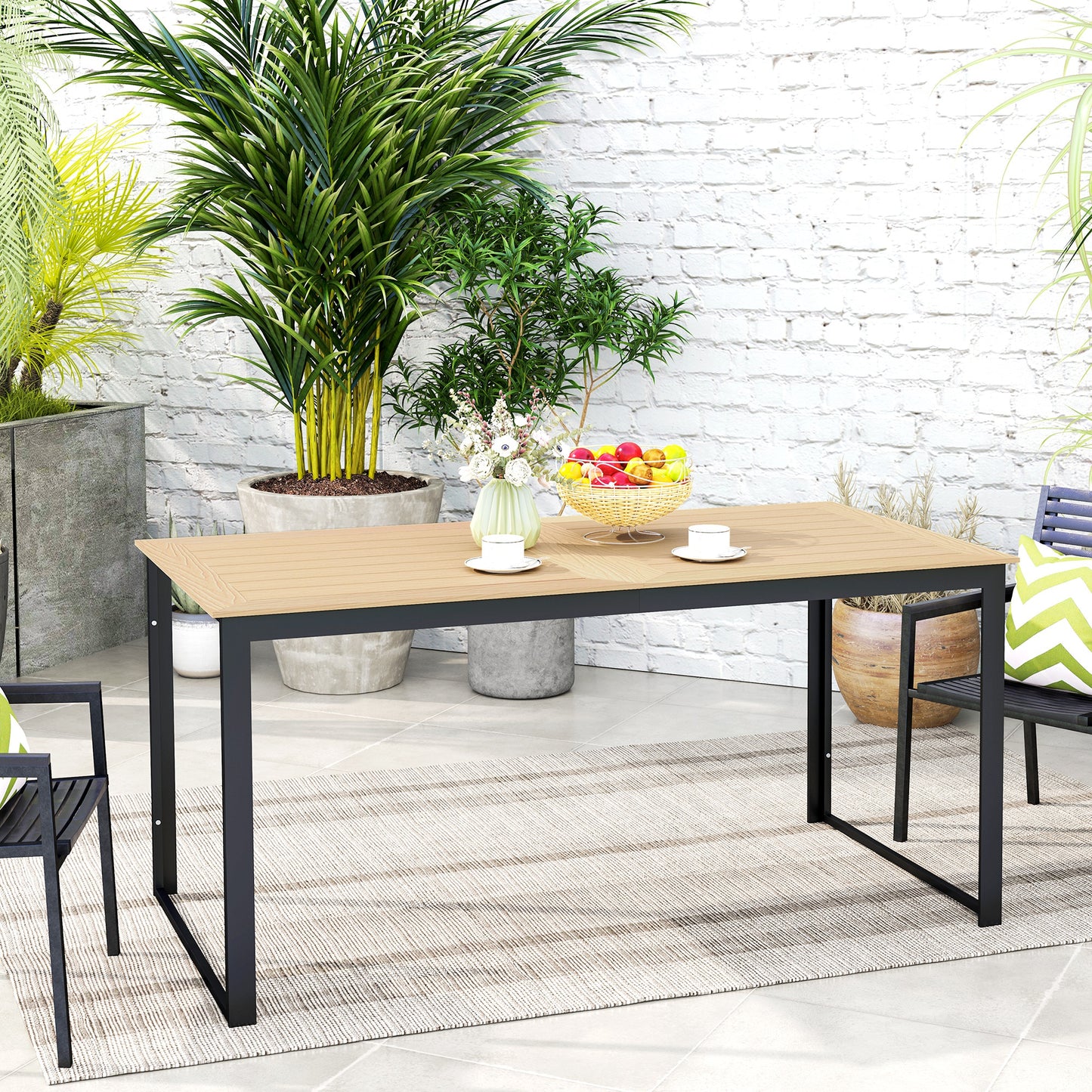 Outsunny Havebord til 6 personer 160 x 80 cm Vejrbestandigt balkonbord med lamelbund, Udenbuffetbord af teaktræ