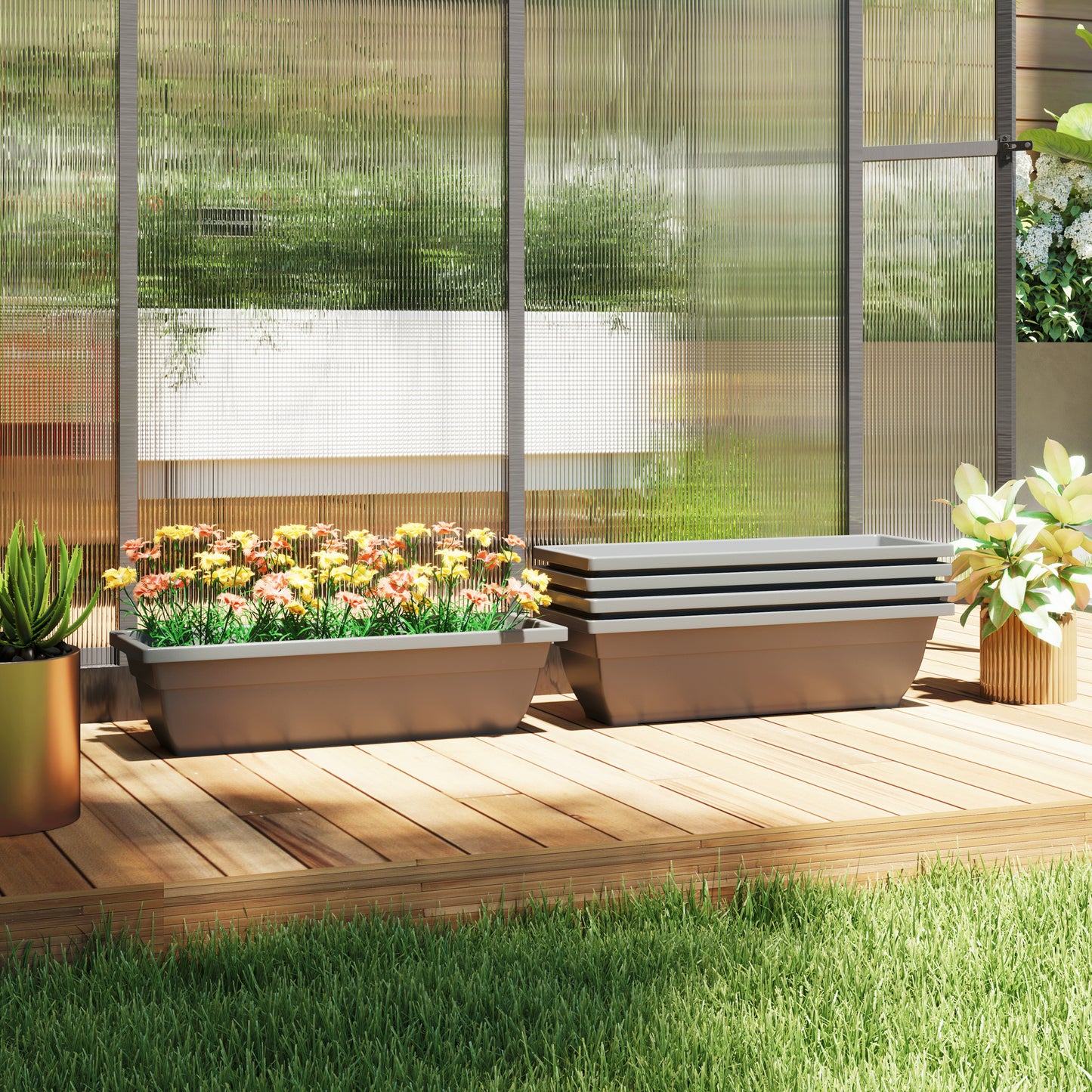 Outsunny 5-delt sæt plastblomsterpotter og plantekasser til terrasse, have og balkon, 59 x 21 x 16 cm, grå