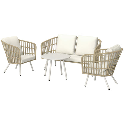 Outsunny havemøbel sæt af poly rattan loungesæt med 2-personers sofa, lænestol, bord, puder, vejrbestandig til 4 personer, khaki