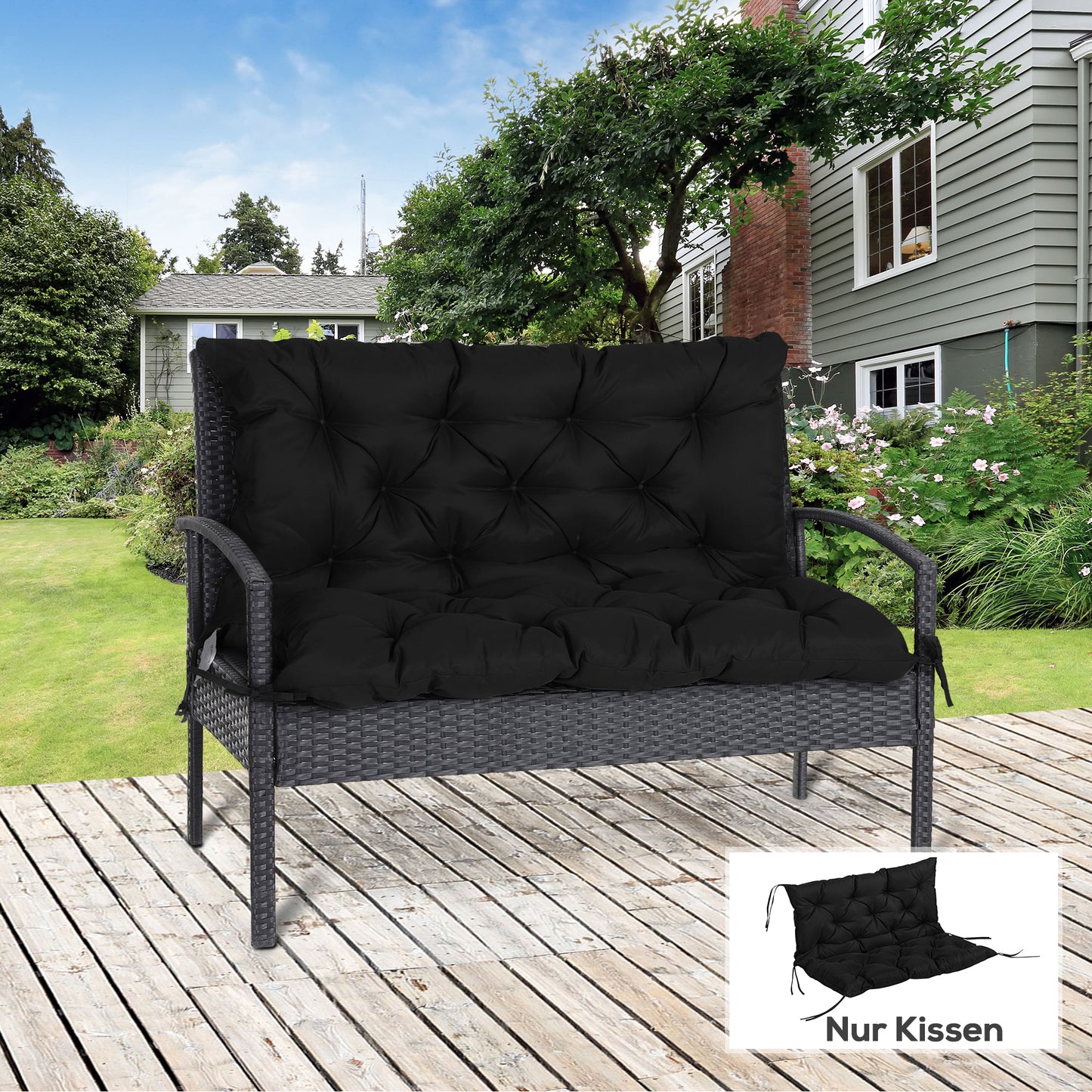 Outsunny 3-personers bænkepude, 100x98x8 cm, bænkepude med bånd, bænkepude til havemøbler, Hollywood gyngestol, sort