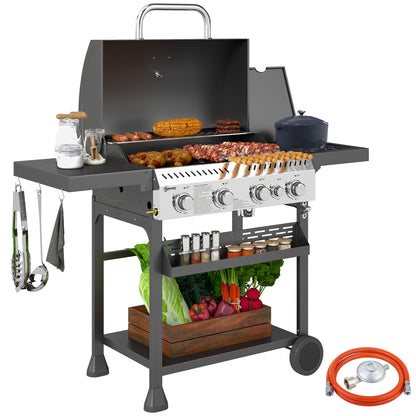Outsunny Gasgrill, BBQ-grill, 4 hovedbrændere, 1 sidebrænder, 1 varmeplade; 135 x 55 x 103 cm, sort