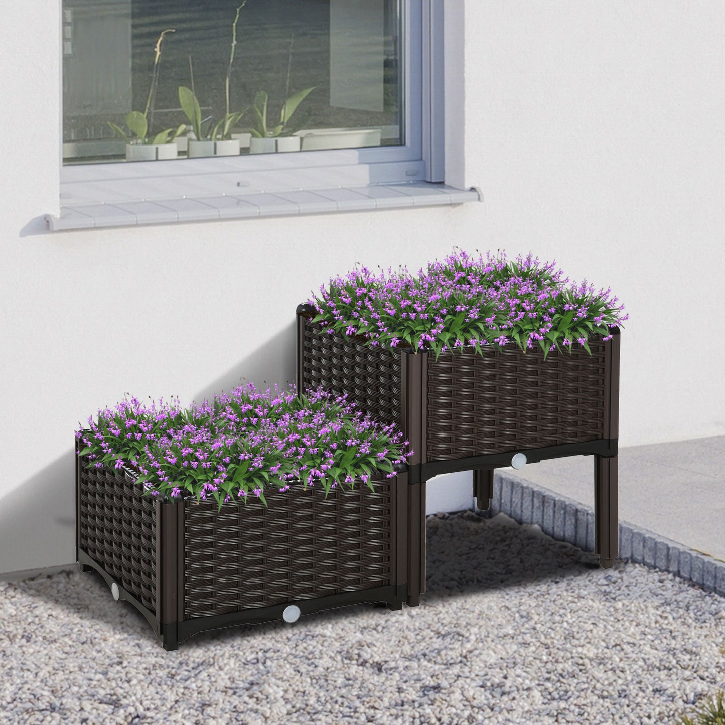 Outsunny forhøjet havebed, blomsterkasse med drænhuller, blomsterkasse med rattanlook, plastik, brun, 40 x 40 x 44 cm