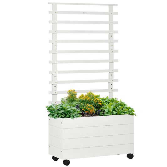 Outsunny trellis planter, 4 wheels, natural wood, weather-resistant finish, white, 76 x 30 x 155 cm
