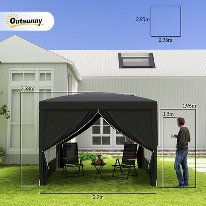Outsunny foldbar pavillon 3x3 m med sider – sort