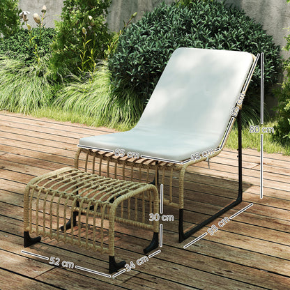 Outsunny rotan relaxstol med fodskammel, UV-bestandig havestol med puder og bånd, 65 x 93 x 80 cm, naturligt træ