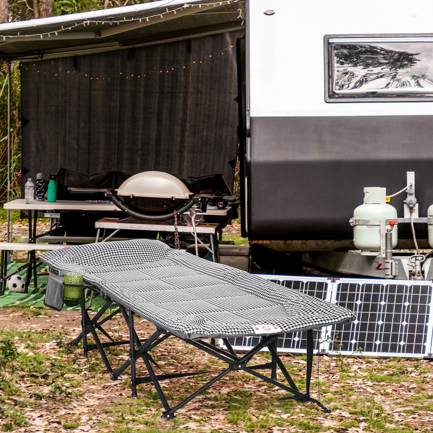 Outsunny sammenfoldelig liggestol med 1 sidelomme og 1 kopholder, 68 cm x 186 cm x 48 cm, sort-hvid