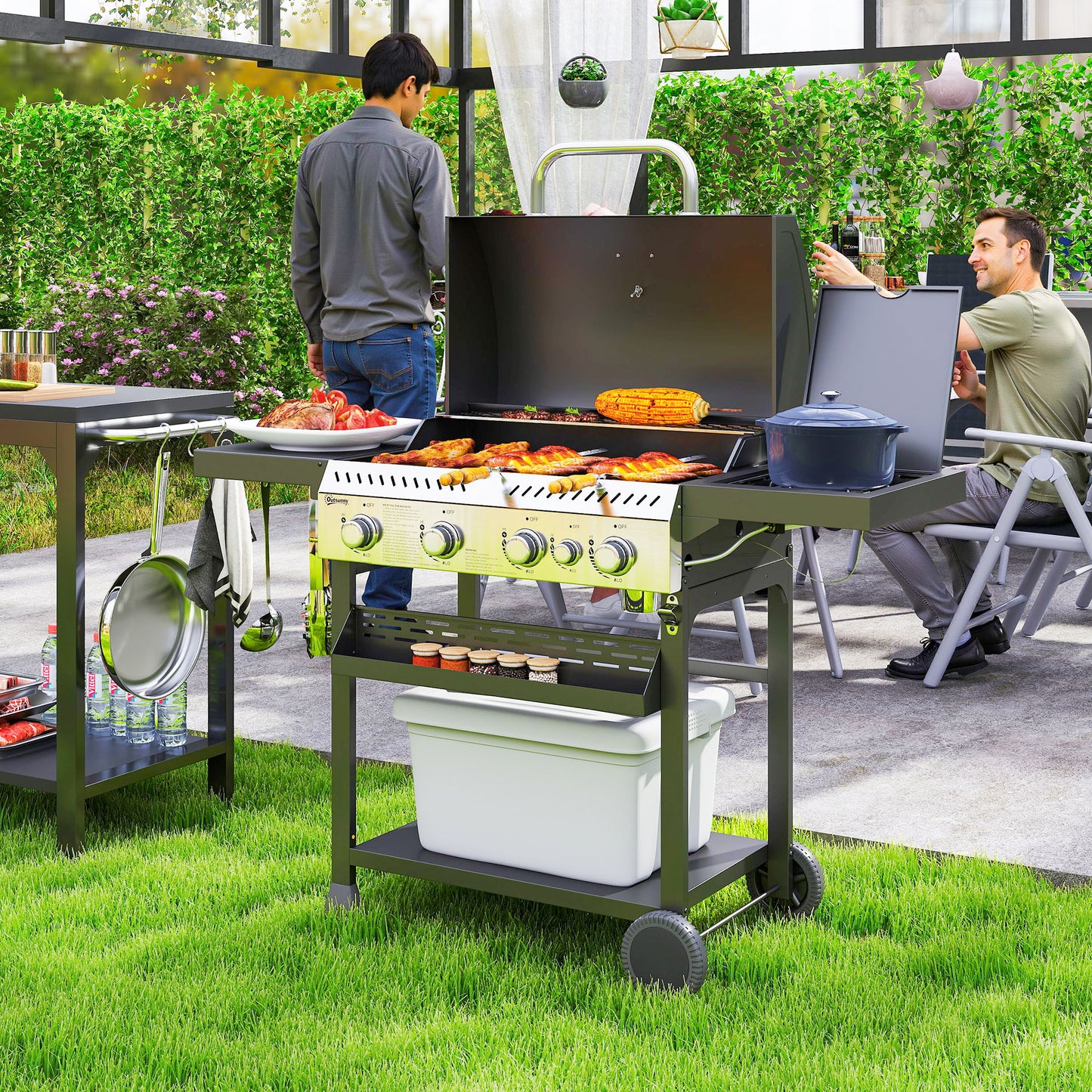 Outsunny Gasgrill, BBQ-grill, 4 hovedbrændere, 1 sidebrænder, 1 varmeplade; 135 x 55 x 103 cm, sort
