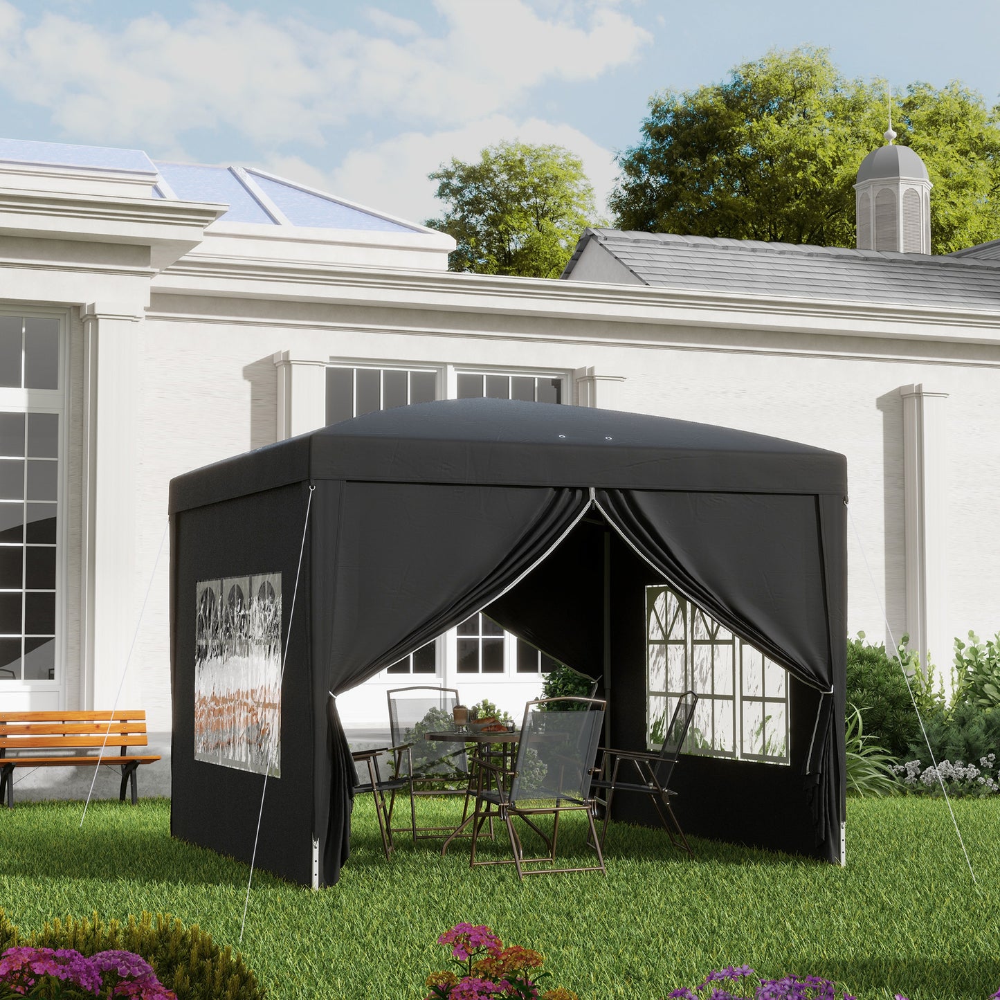 Outsunny foldbar pavillon 3x3 m med sider – sort