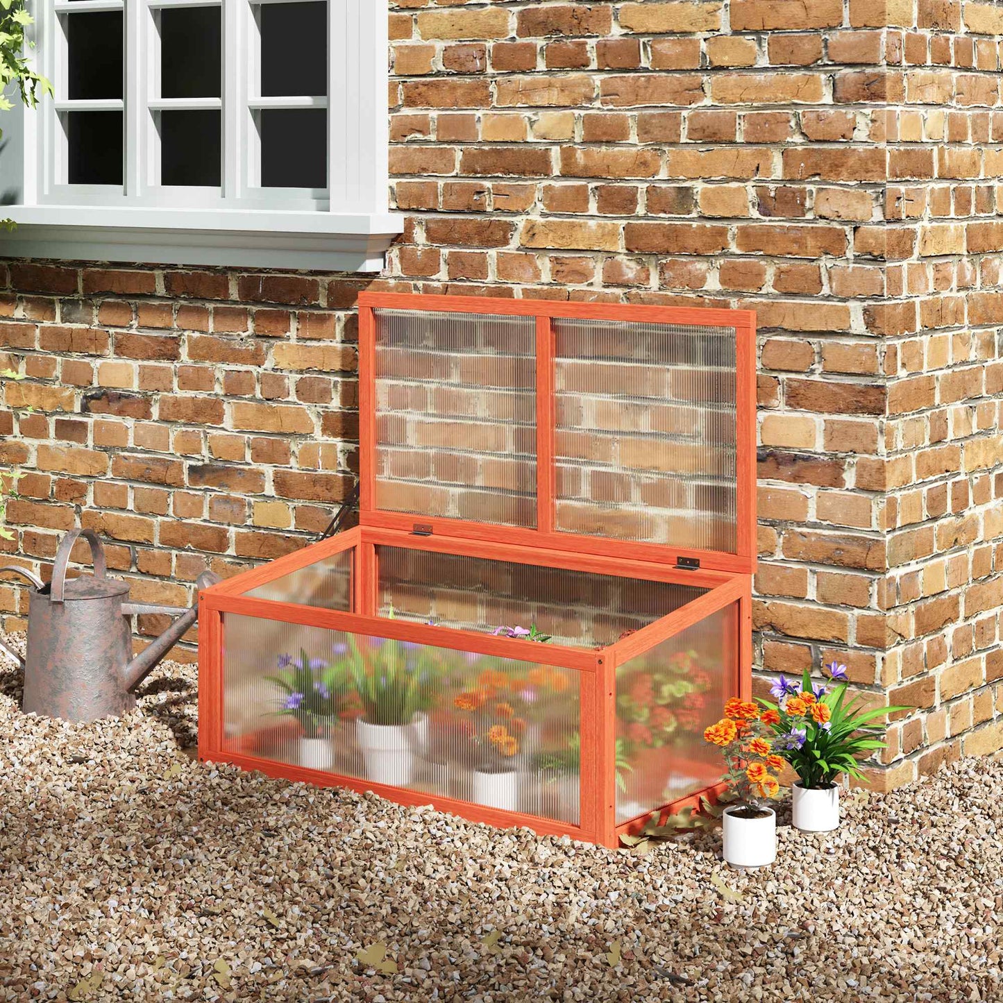 Outsunny Koldramme, drivhus af træ og polycarbonat, 90 x 46 x 40 cm, vejrbestandigt drivhus med låg, koldramme til haveplanter, orange