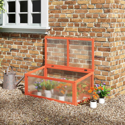Outsunny Koldramme, drivhus af træ og polycarbonat, 90 x 46 x 40 cm, vejrbestandigt drivhus med låg, koldramme til haveplanter, orange